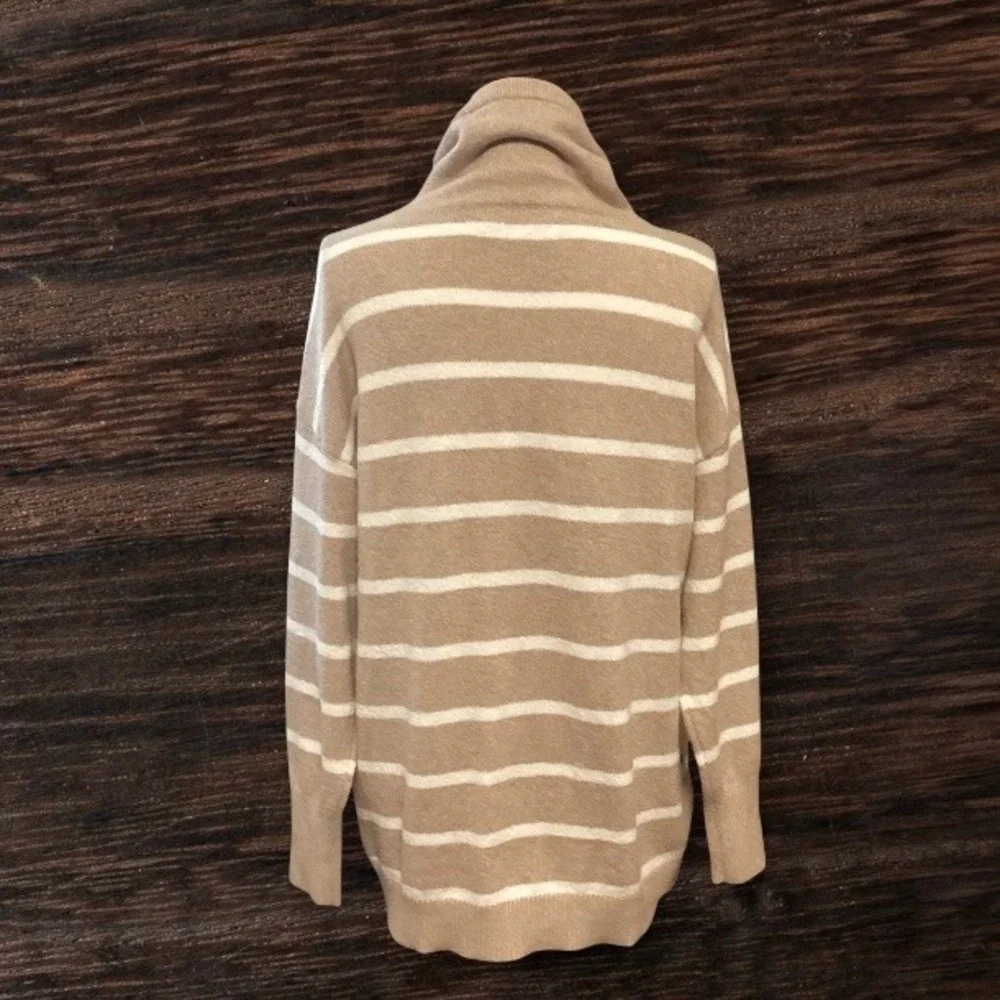 LOFT Womens Tan White Striped Funnel Neck Tunic Sweater Kangaroo Pocket Large